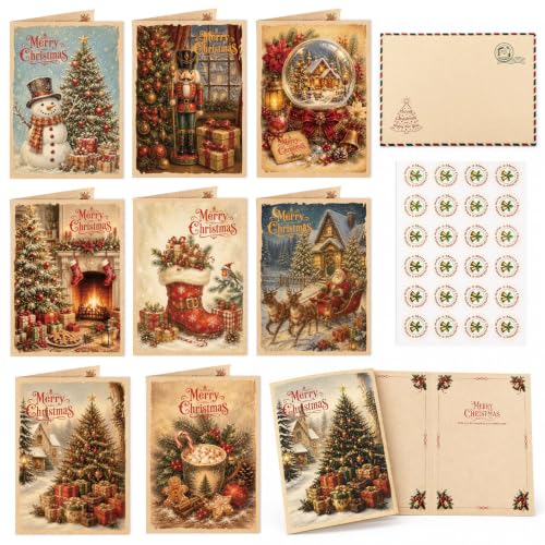 Tlenpo 24 Vintage Christmas Cards Set 5x7 with Envelopes & Stickers – 8 Patterns