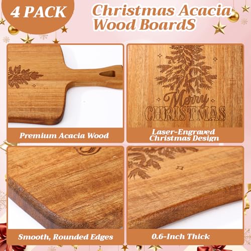 SiliFine Christmas Cutting Boards Set - 4 Acacia Wood Boards with Handles