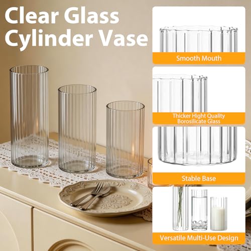 Ribbed Glass Vases & Hurricane Candle Holders Set - 24 Pcs with Assorted Heights, Thickened Clear Glass - Ribbed / 24