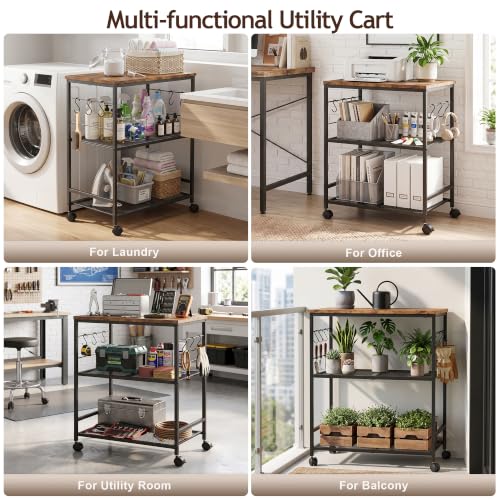 3-Tier Rolling Kitchen Cart with Storage and Lockable Wheels - Rustic Brown