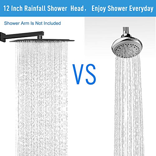 NearMoon 12 Inch Square Rain Shower Head - Matte Black, High Flow Stainless Steel Ceiling/Wall Mount