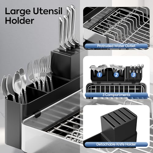 Urackify Expandable Dish Drying Rack - Large Capacity Stainless Steel, Silver with Black