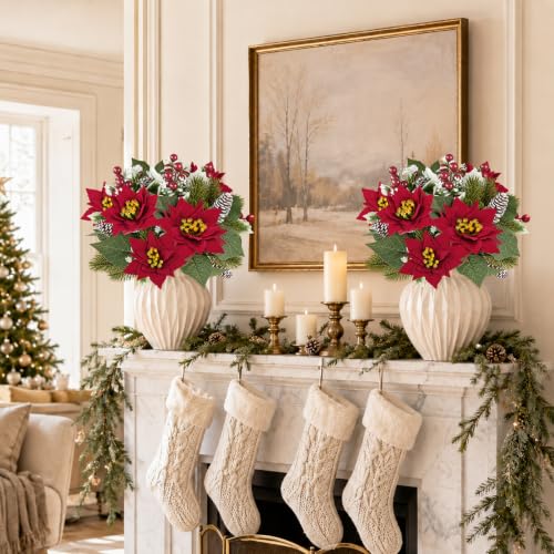 ZYZEV Red Poinsettias Artificial Christmas Flowers Bouquet - 2 Pack