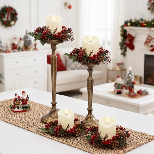 Ringwreath-6pc Candle Ring Wreaths for Tables, Faux Pine Cones, 6.5cm dia, Flameless Compatible (MERRI GLOW)