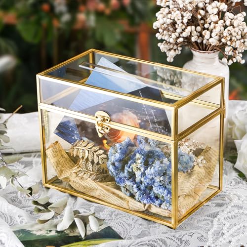 Glass Wedding Card Box with Lock and Gold Rim - Vintage Clear Gift Holder
