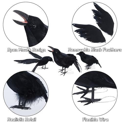 YOFIT 6 Pack Halloween Fake Crow Decorations - Realistic Black Crow Props, Style 2