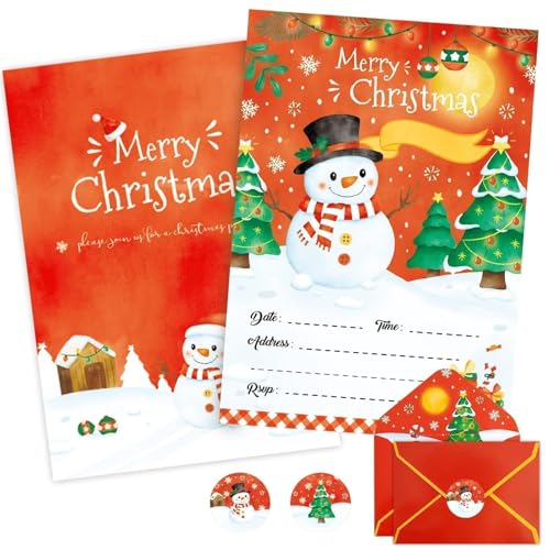 WERNNSAI 24 Pack Christmas Party Invitations - Christmas Snowman Invitation Cards with Envelopes Stickers for Kids Red Xmas Invites for Christams Holiday Winter Party Supplies with Snowman Design