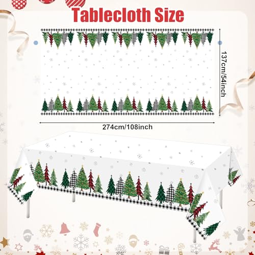 3Pcs Buffalo Plaid Christmas Tree Tablecloth, 54 x 108 Inch Waterproof Black and White Checkered Snowflake Table Cover, Xmas Party Decorations for Winter Holiday, New Year Decor