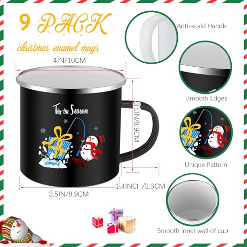Christmas Enamel Mugs Set 12oz Black & White Coffee Cups - 9 Pack