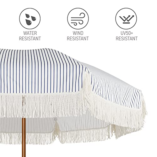 7ft Patio Umbrella with Fringe Navy Blue Stripes UPF50+ Tilt & Steel Pole