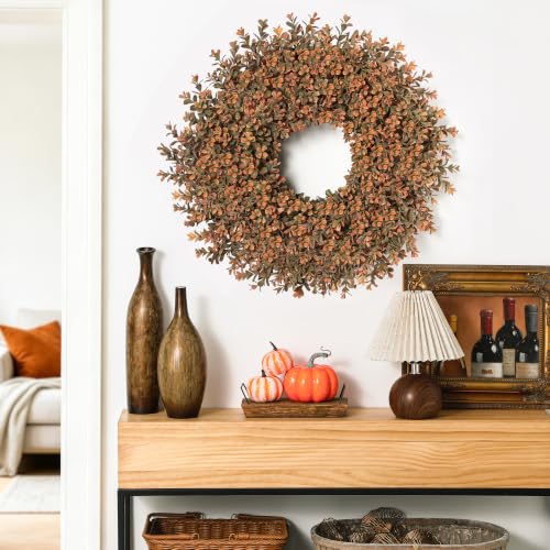 Fall Wreath for Front Door - 26 Inch Artificial Autumn Boxwood Decor - Orange