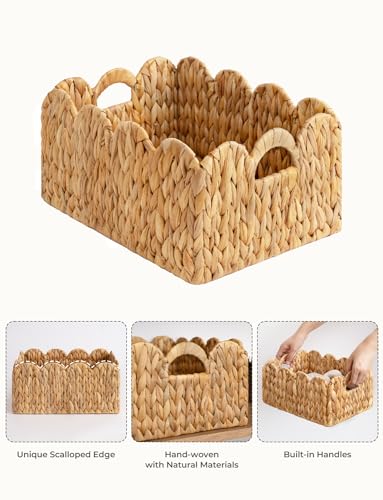 Natural Water Hyacinth Wicker Basket Set - Scalloped Edge Handwoven Storage Baskets with Handles - 15x11 Inches (Variation: Natural Water Hyacinth)