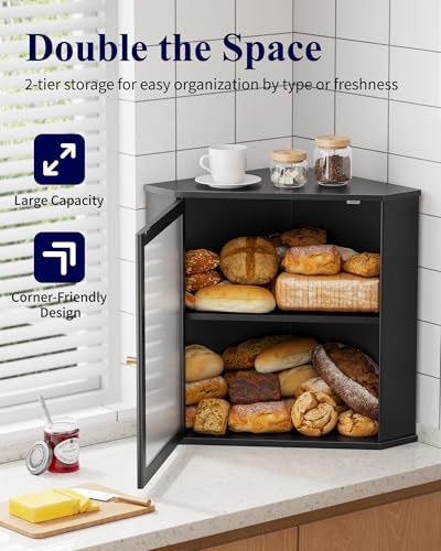 Corner Wooden Bread Box - Large Black Kitchen Storage Organizer