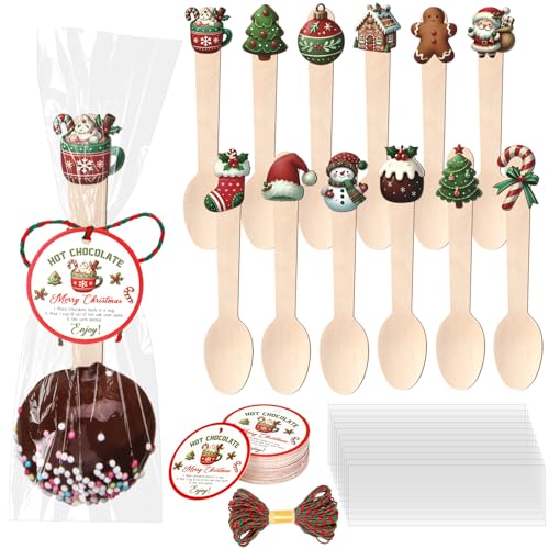 Cute Vesici 120 Piece Christmas Wooden Spoons Hot Cocoa & Dessert Utensil Set