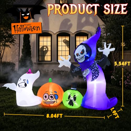 GIFTFIND 8FT Halloween Inflatable Witch Pumpkin Ghost Outdoor Decorations with LED Lights