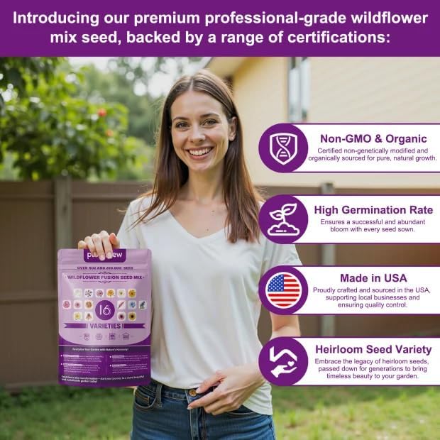 Wildflower Seeds - 200,000+ Non-GMO Heirloom Seeds | 16 Variety Perennial Mix for Pollinator Gardens | Attracts Bees, Birds & Butterflies | 4oz