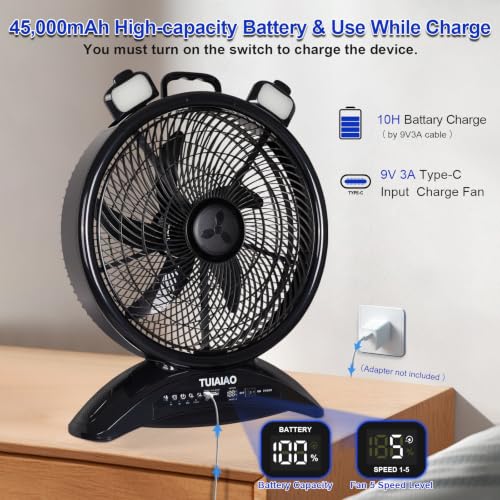 TUIAIAO 45000mAh Rechargeable Battery Fan with LED Light - Black