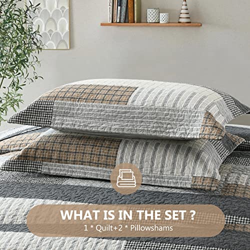 Queen Size 100% Cotton Patchwork Quilt Set - Reversible Bedspread, Grey/Tan/Black, 3 Pieces by DUOHONG