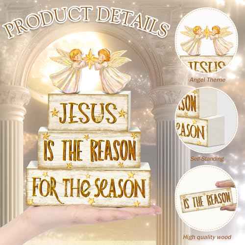 Britimes 4 Pcs Christmas Tiered Tray Decorations Set Jesus Angel Stack Block Signs Faith Christian Religious Holiday Decor for Table & Home Office (Jesus Reason)