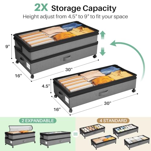 Kitstorack 4 Pack Gray Under Bed Storage Containers with Wheels & Clear Window