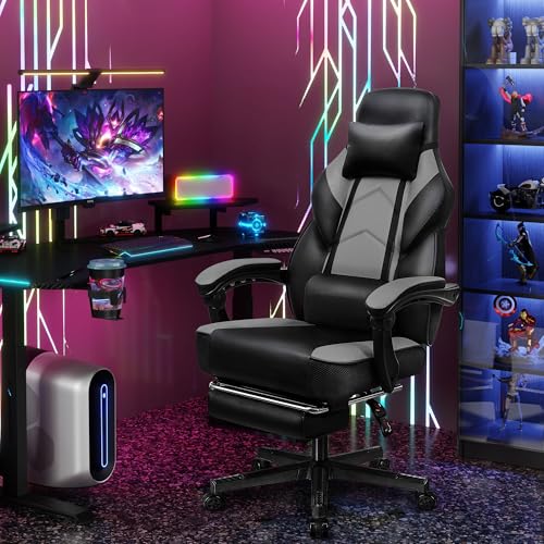 Big & Tall Gaming Chair with Footrest, Massage Lumbar Support, Adjustable Height - Grey / PU Leather