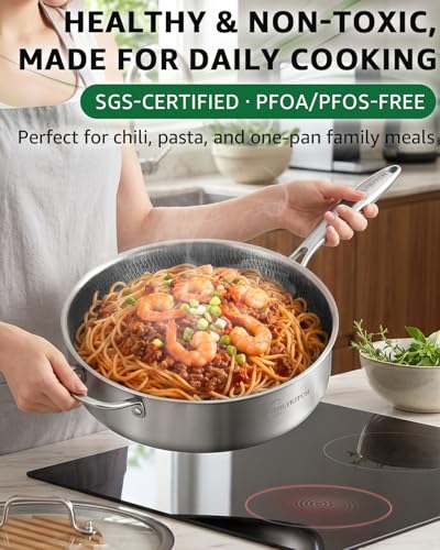 Large 6-Quart Non-Stick Frying Pan with Lid - 12 Inch, Black, Detachable Handle
