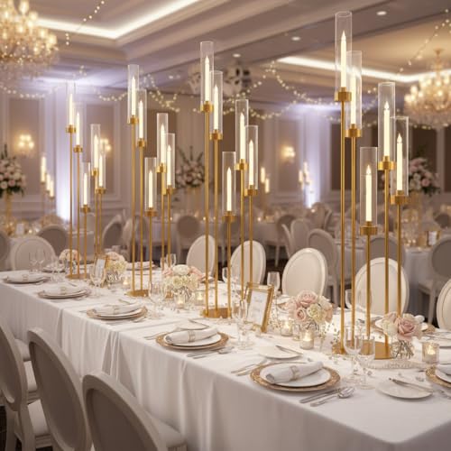 Fullvaseer 4-Pack Gold 5-Arm Tall Floor Candle Holders - Elegant Centerpieces for Weddings & Events