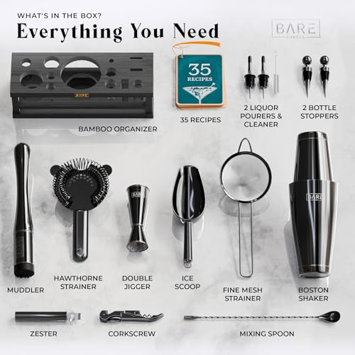 Bartender Kit with Black 28oz Boston Shaker, Cocktail Set & Recipe Cards