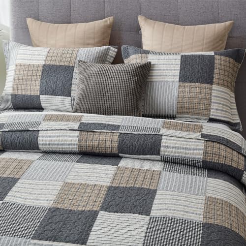 Finlonte Queen Size Cotton Quilt Set 90x98 Reversible Farmhouse Bedding Gray