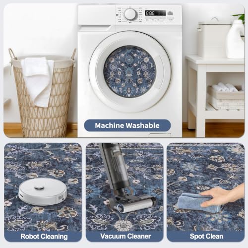 Distressed Blue & Black 5x7 Washable Area Rug for Bedroom & Living Room - Non-Slip