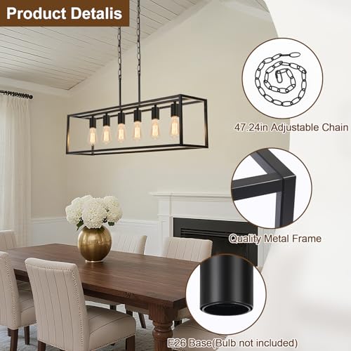 Boncoo Black Farmhouse 6-Light Linear Pendant Chandelier for Kitchen & Dining Room
