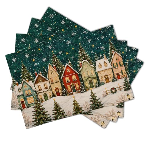 Giwawa Xmas Village House Placemats Set of 4 12x18 Inch Linen Winter Snowflake Decor