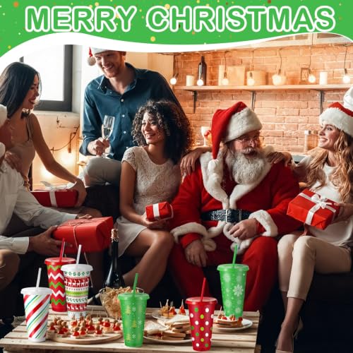 Chuangdi 48 Pack Christmas Plastic Cups with Lids & Straws, 24oz, Red & Green, Holiday Design
