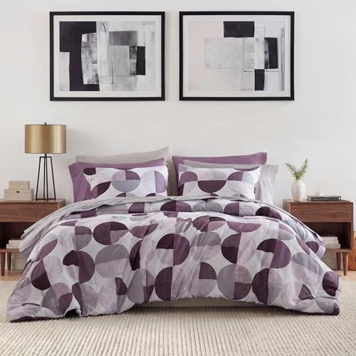 Queen Comforter Set with Sheets Plum Purple & Grey Geometric Bed in a Bag