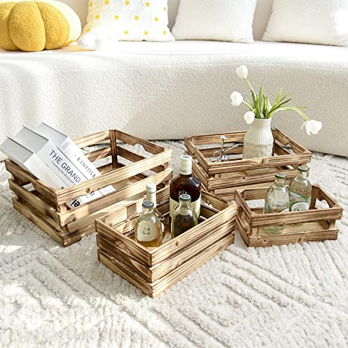 MACVAD Torched Brown Large Rustic Wooden Storage Crates Set of 4, Farmhouse Nesting Boxes