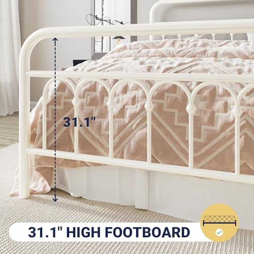 Allewie Twin Size Cream Metal Platform Bed Frame with Headboard - Victorian Style
