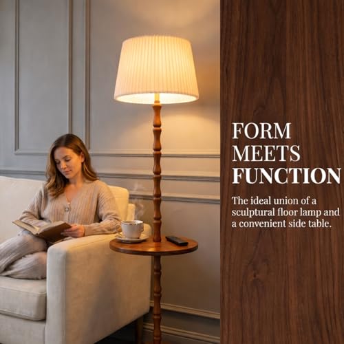 Wood Floor Lamp with Built-in Tray, Remote, Dimmable & 3 Color Temperatures - Light Walnut - Adjustable & Easy Setup