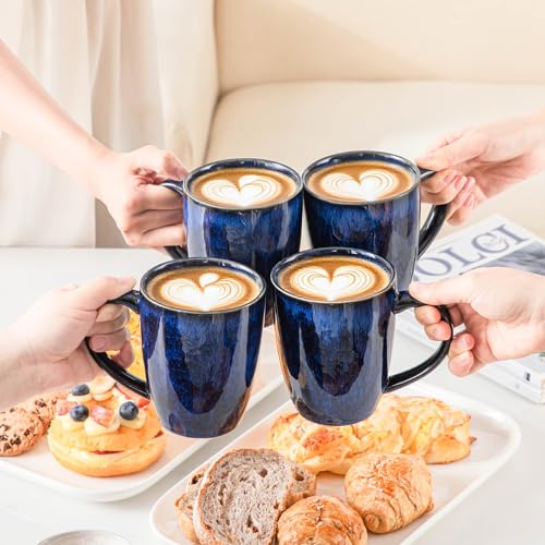 Blue Ceramic Coffee Mug Set of 6 - 16 Oz Tea Cups with Handle, Microwave & Dishwasher Safe