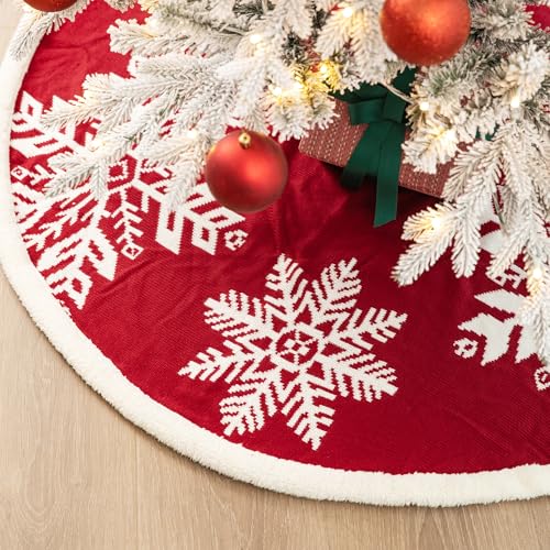 Red 48" Knitted Christmas Tree Skirt with Snowflake Pattern – Glitzhome