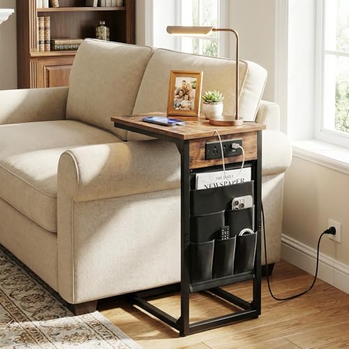 C Shaped End Table with Charging Station - Rustic Brown, Set of 2