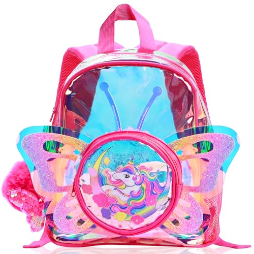 Unicorn Butterfly Wings Backpacks for Girls,Cute Holographic Glitter Clear School Bag for Kindergarten Nursery Preschool Primary,Toddler Kids Bookbag,Gift for Xmas Birthday