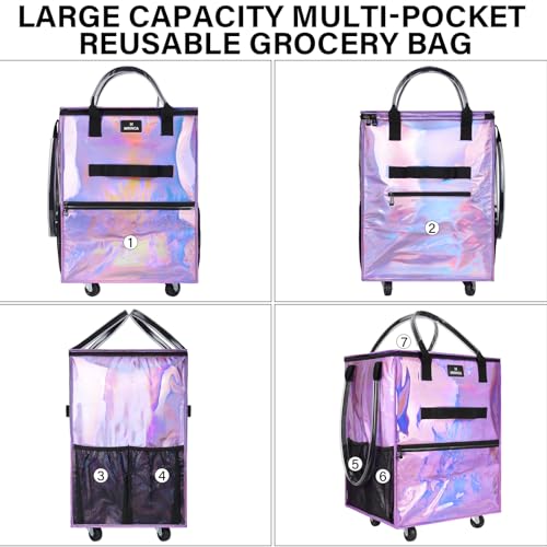 MRINCA Gradient Purple 70L Foldable Rolling Grocery Bag on Wheels with 6 Pockets