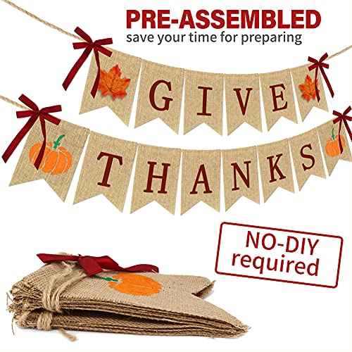 Give Thanks Burlap Banners Thanksgiving Decorations | Rustic Turkey Pumpkin Burlap Garland | Thanksgiving Party Supplies - 2 Strings, NO DIY Fireplace Mantle Home Decoration