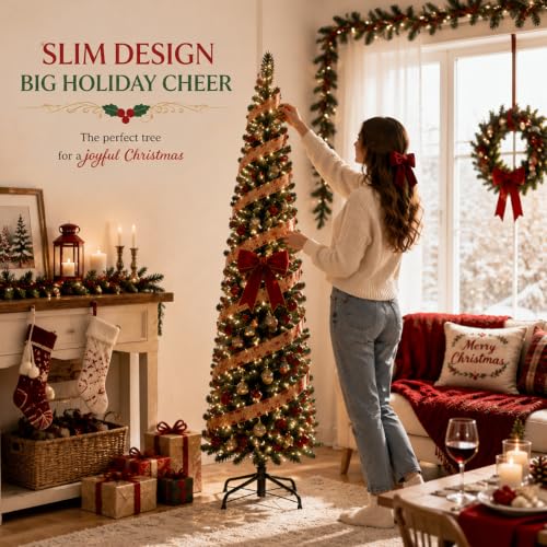 6ft Pre-Lit Slim Artificial Christmas Tree with Warm White LED Lights - Green, Foldable Stand