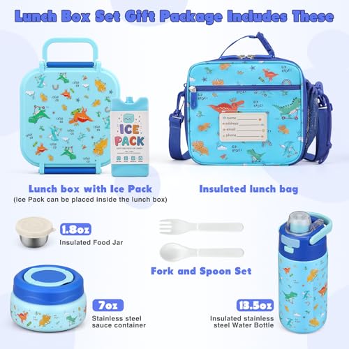 Zeekala Kids Bento Lunch Box Set with Insulated Soup Thermo & Water Bottle - Blue Dinosaur