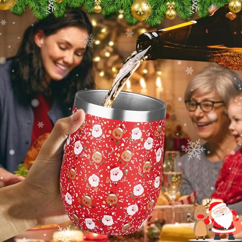 GUDEMAO 1 Pack Christmas Red 12 oz Insulated Stainless Steel Wine Tumbler with Lid & Straw