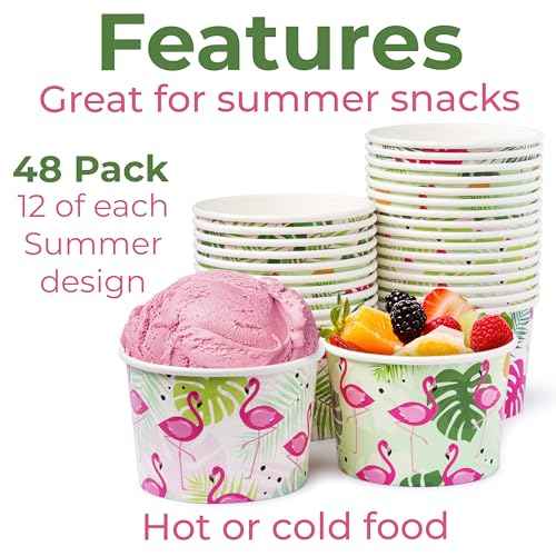 ROYAL BLUEBONNET Flamingo Snack Bowls ? 48 8oz Tropical Snack Cups, with 4 Different Pink & Green Flamingo Hawaiian Palm Leaf Paper Ice Cream Bowls for Luau, Hawaiian Party Decorations for Summer