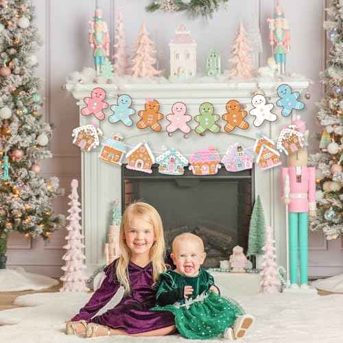 K KUMEED 3 PCS Gingerbread Man Theme Banners, Christmas House Decorations, Pink Party Supplies for Winter Birthday Baby Shower Decor