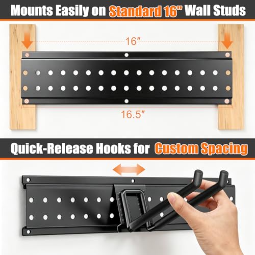 Black 64-Inch Garage Tool Organizer Wall Mount with 13 Heavy-Duty Hooks, 4 Panels