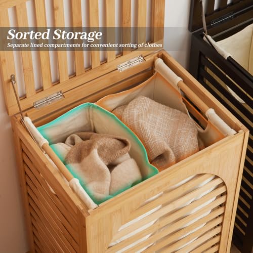 Kitsanery Large Waterproof Bamboo Laundry Hamper with Lid & Removable Washing Bags - Natural